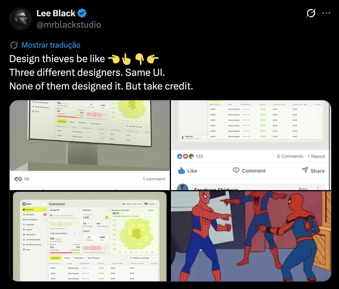 3 imagens iguais de um dashboard e um meme de 3 homens aranhas apontando um para o outro